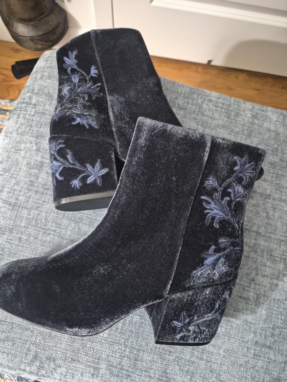 Kenneth Cole Navy Velvet Embroidered Ankle Boots